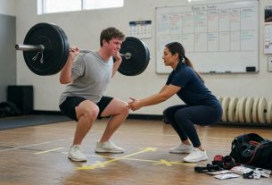 Ein Coach korrigiert die Kniebeuge eines Sporteinsteigers in einer Halle; Bodenmarkierungen zeigen die richtige