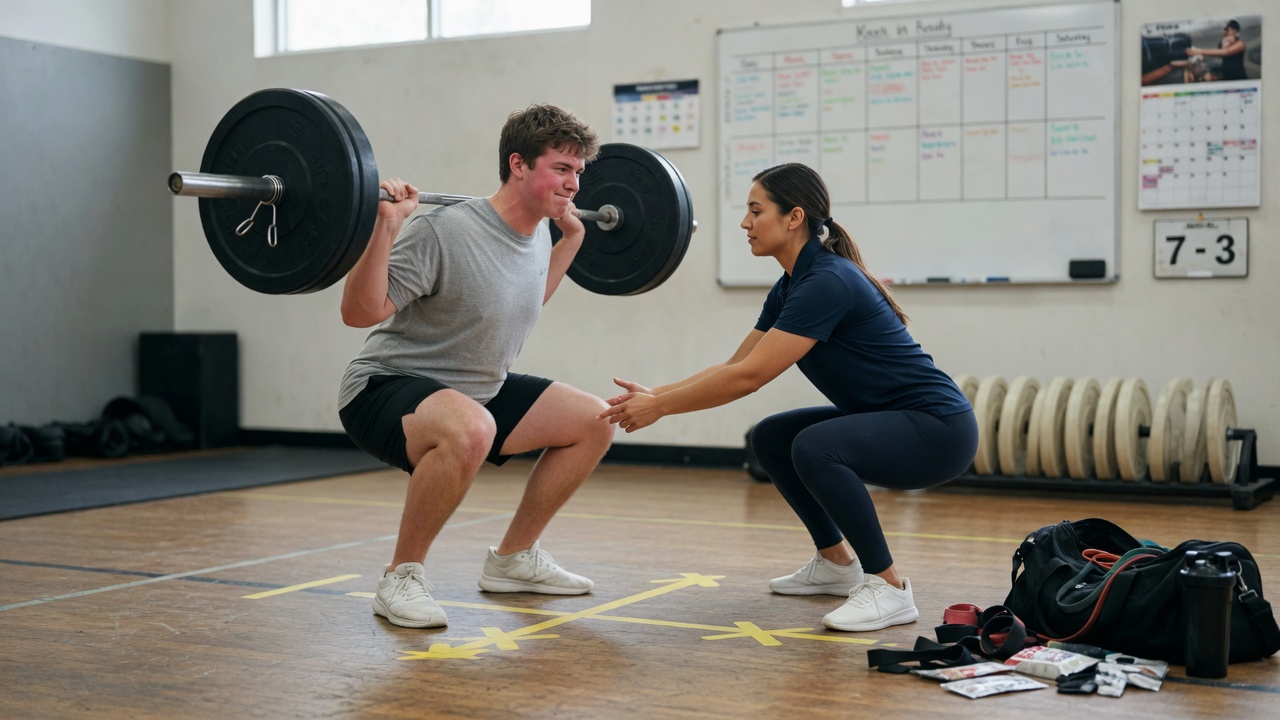 Ein Coach korrigiert die Kniebeuge eines Sporteinsteigers in einer Halle; Bodenmarkierungen zeigen die richtige