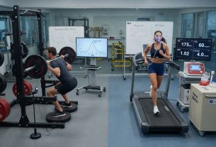Photographic split scene in a sports science lab comparing strength (squat on force plates)