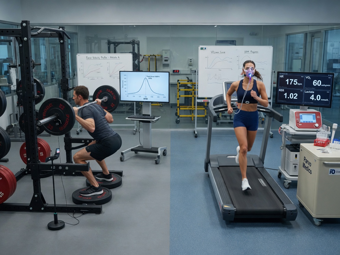 Photographic split scene in a sports science lab comparing strength (squat on force plates)