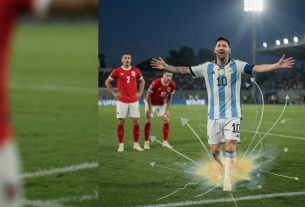 Lionel Messi jubelt nach einem Rekordtor bei der WM 2026 gegen Österreich; low-angle Foto