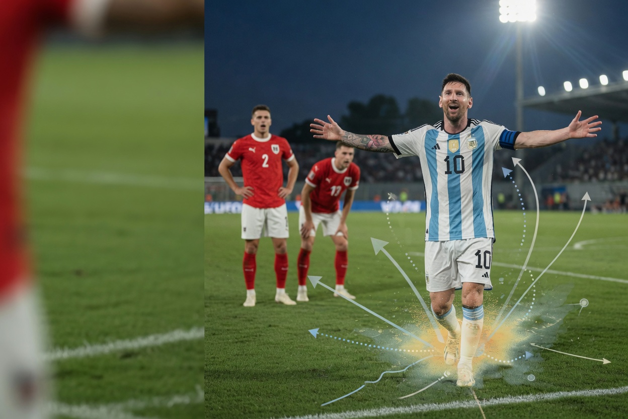 Lionel Messi jubelt nach einem Rekordtor bei der WM 2026 gegen Österreich; low-angle Foto