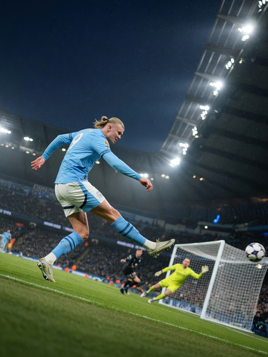 Erling Haaland, in a sky-blue kit without logos, captured from a low angle as
