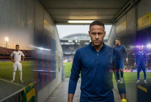 Photorealistic editorial portrait of Neymar in a stadium tunnel with subtle double-exposure moments from