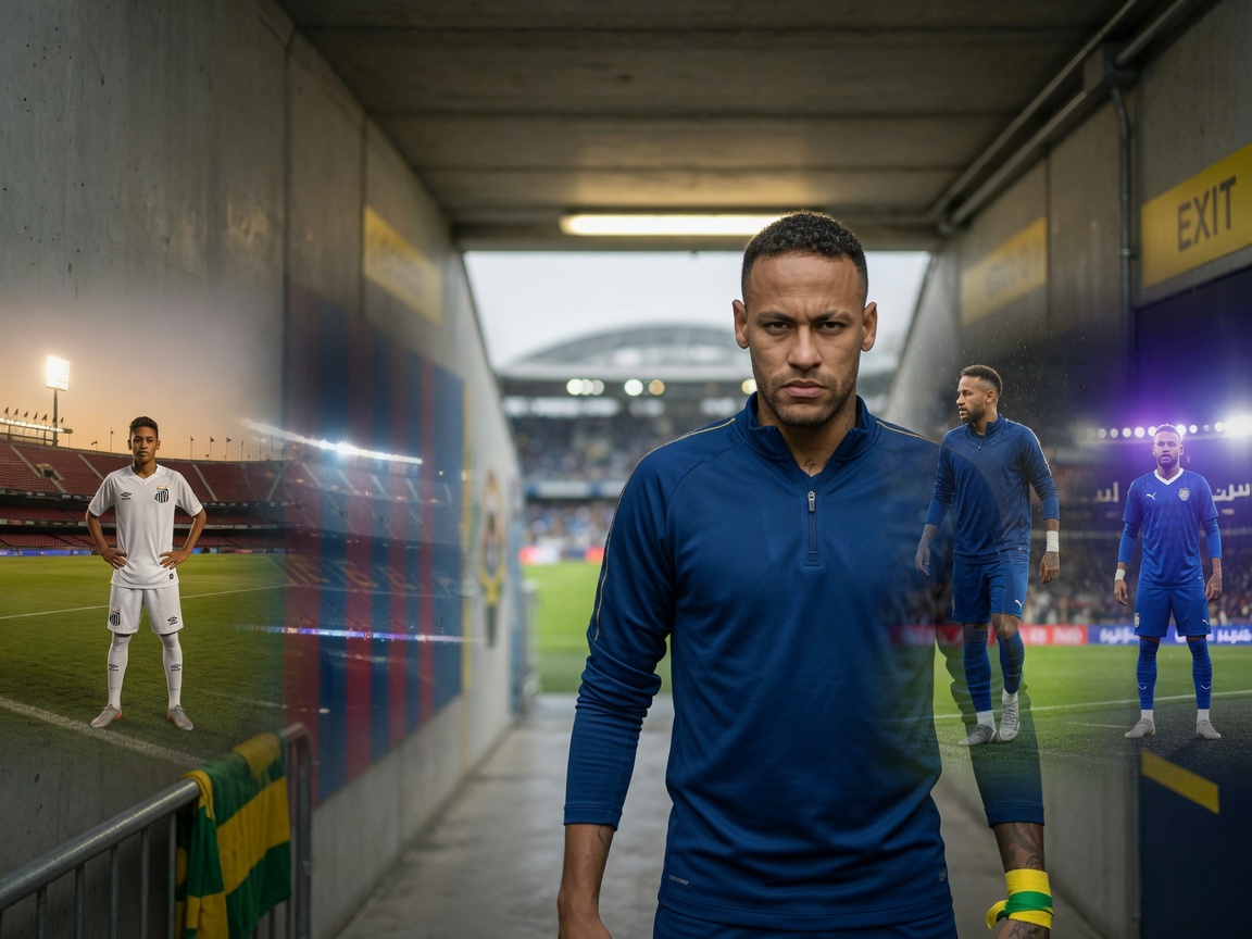 Photorealistic editorial portrait of Neymar in a stadium tunnel with subtle double-exposure moments from