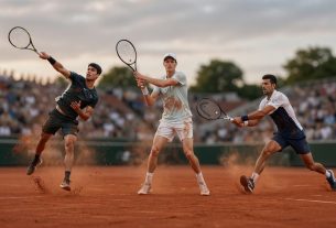 Wide editorial photo on Roland-Garros clay showing Alcaraz, Sinner, and Djokovic side by side,