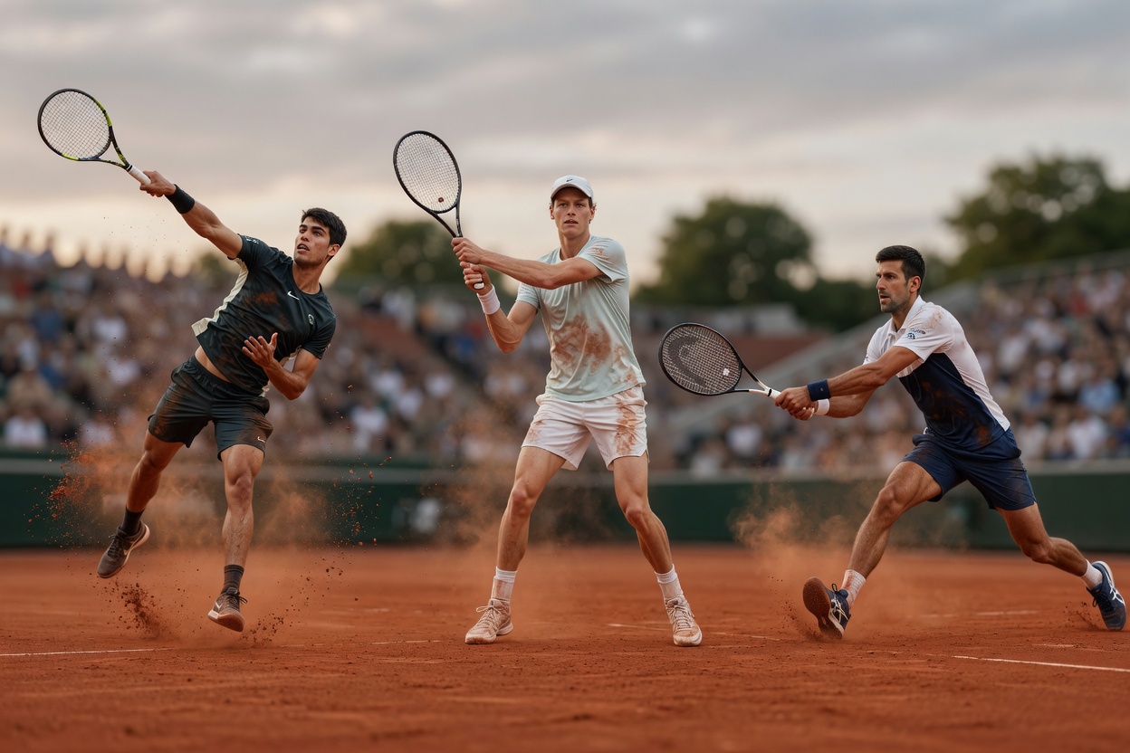 Wide editorial photo on Roland-Garros clay showing Alcaraz, Sinner, and Djokovic side by side,