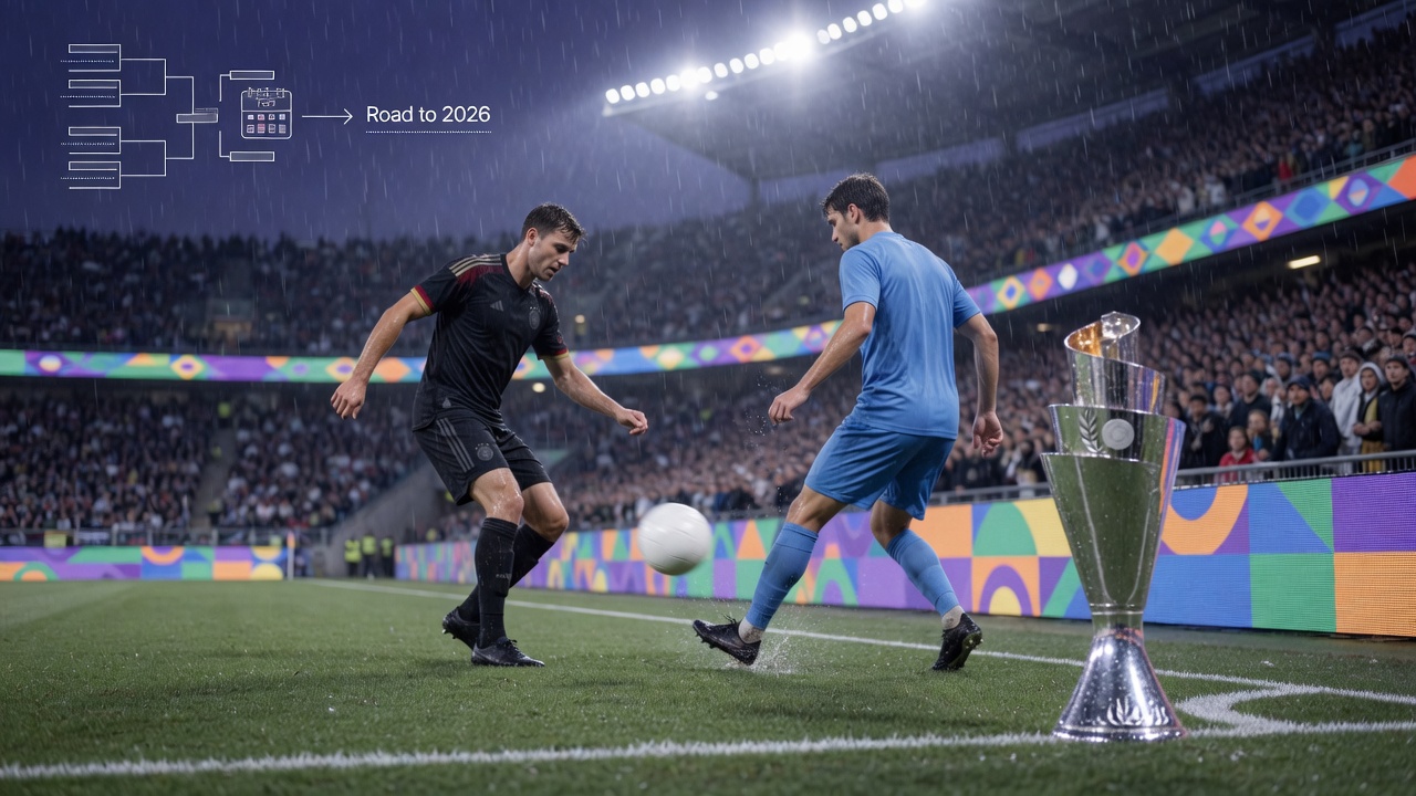 Night football photo: anonymous Germany and Italy players battle for the ball under rain