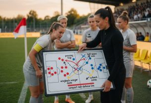 Female coach on a Frauen-Bundesliga touchline shows a tactics board (4-3-3 vs 3-5-2) to