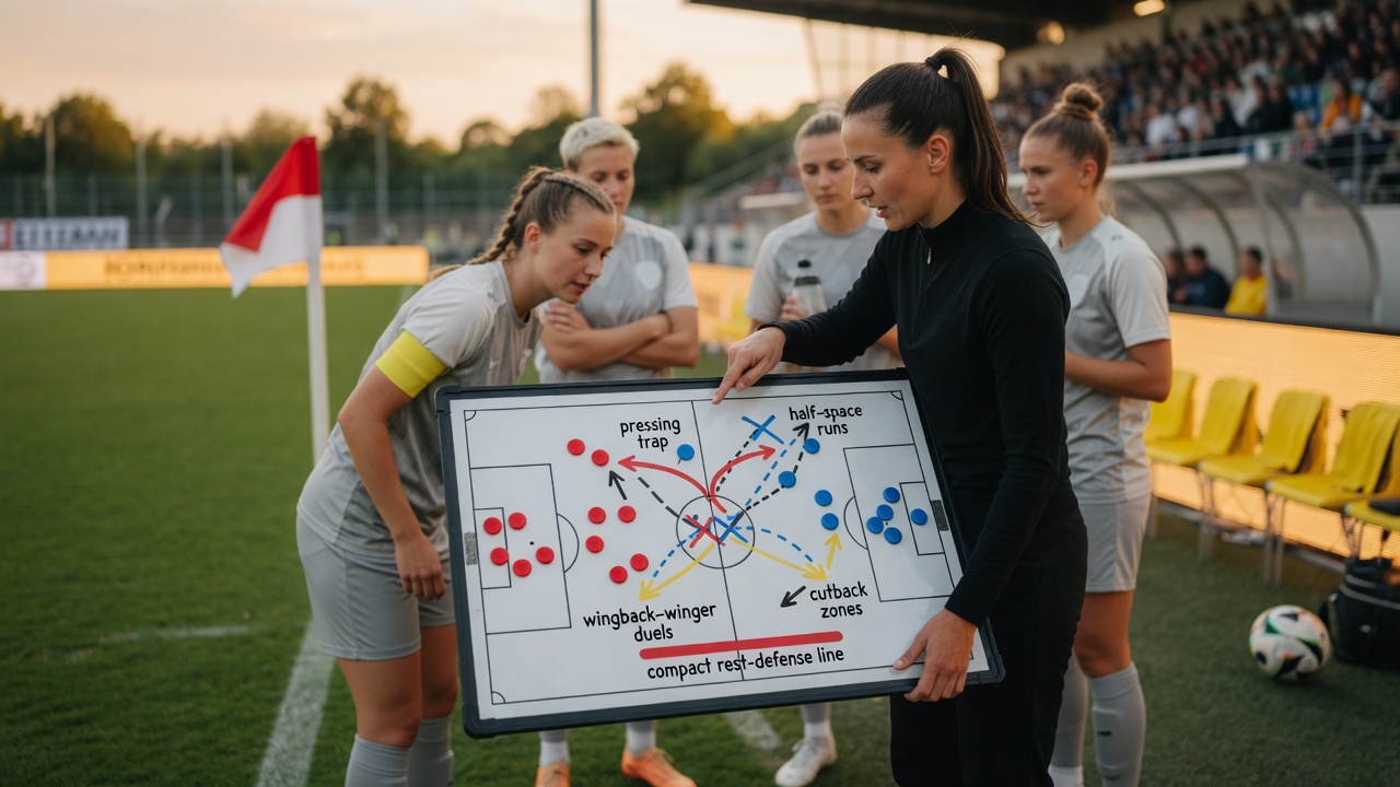Female coach on a Frauen-Bundesliga touchline shows a tactics board (4-3-3 vs 3-5-2) to