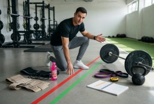 Alternative photographic setup: top-down flat-lay on a dark rubber gym floor. Left column (myths):