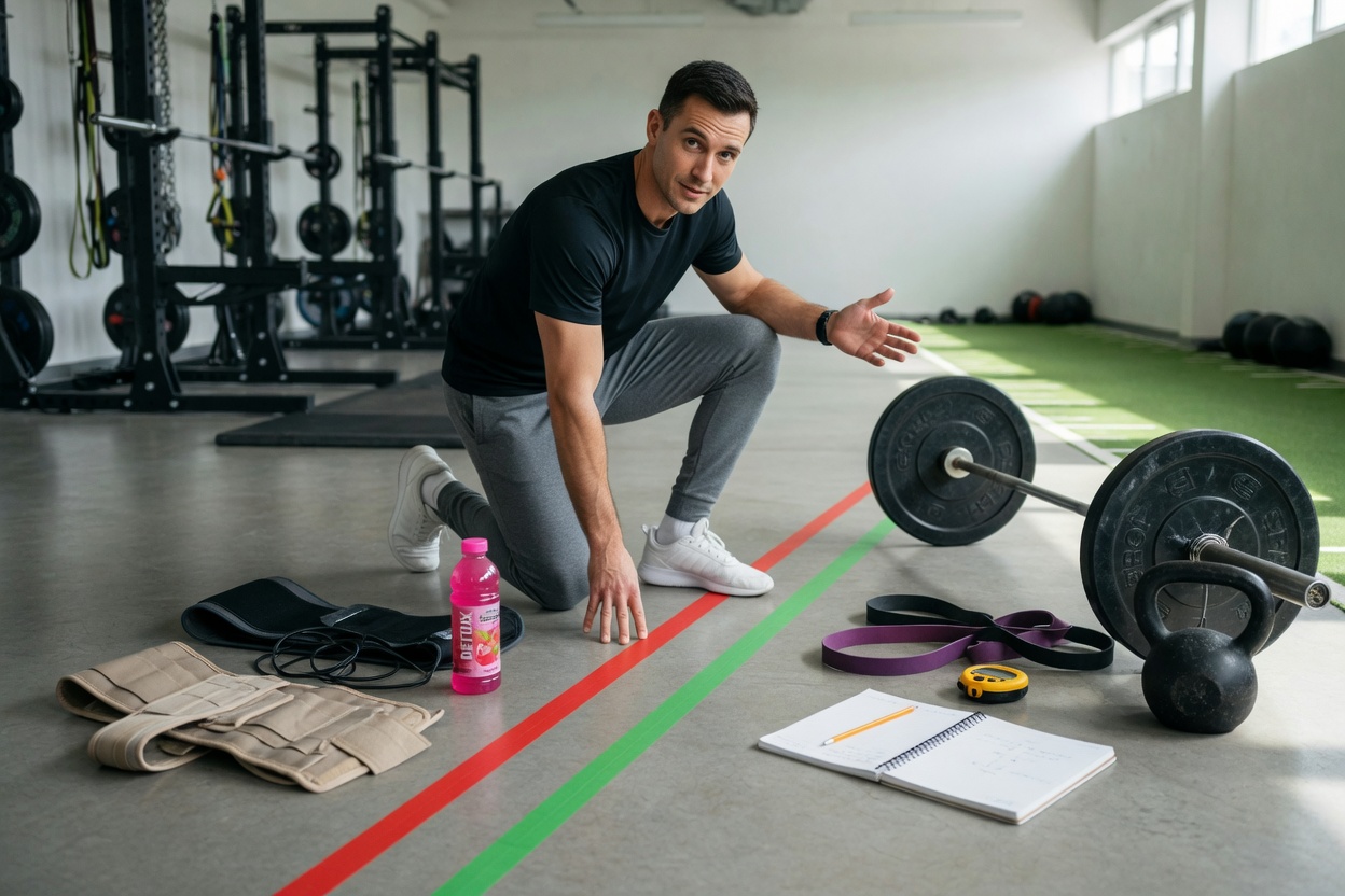 Alternative photographic setup: top-down flat-lay on a dark rubber gym floor. Left column (myths):