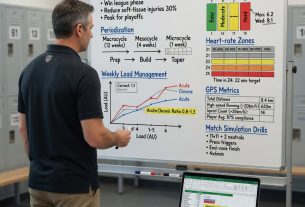 Coach points to a clean whiteboard training plan—goals, periodization blocks, load graph, RPE and