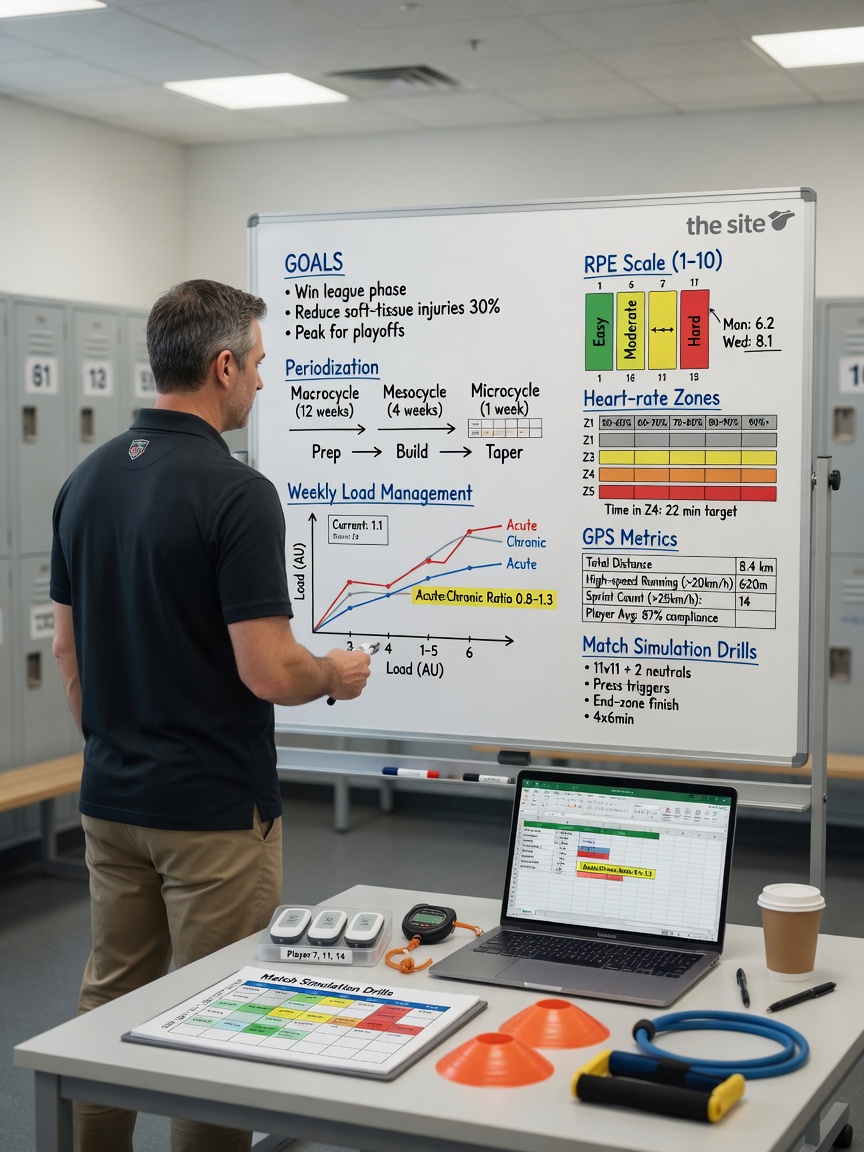Coach points to a clean whiteboard training plan—goals, periodization blocks, load graph, RPE and