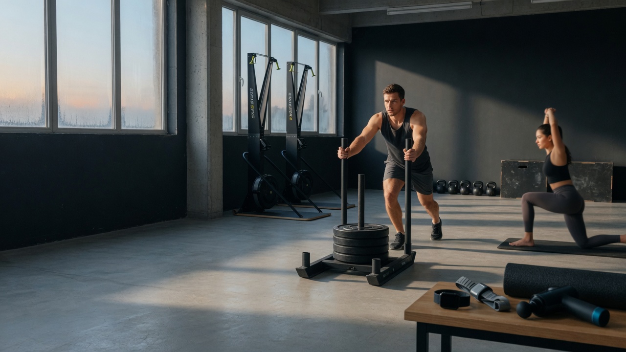 HYROX-Trainingsszene: Athlet schiebt einen Schlitten; Wearables, Recovery-Tools und Mobility-Szene sichtbar, sauberes Ed