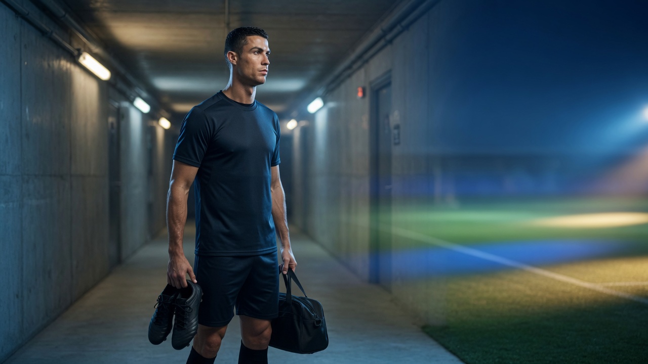 Cristiano Ronaldo in a neutral kit stands in a stadium tunnel at dusk, rim-lit