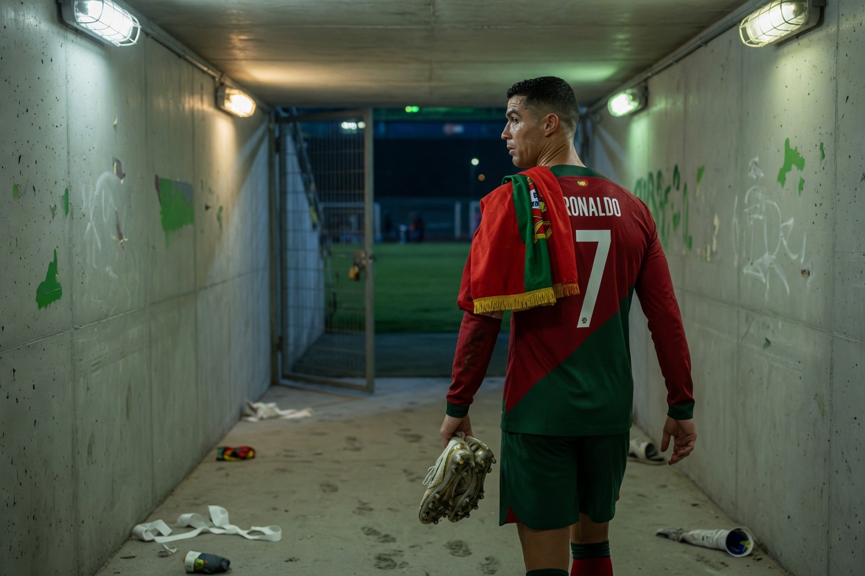 Cristiano Ronaldo walks alone down a dim stadium tunnel after Portugal’s 2026 World Cup