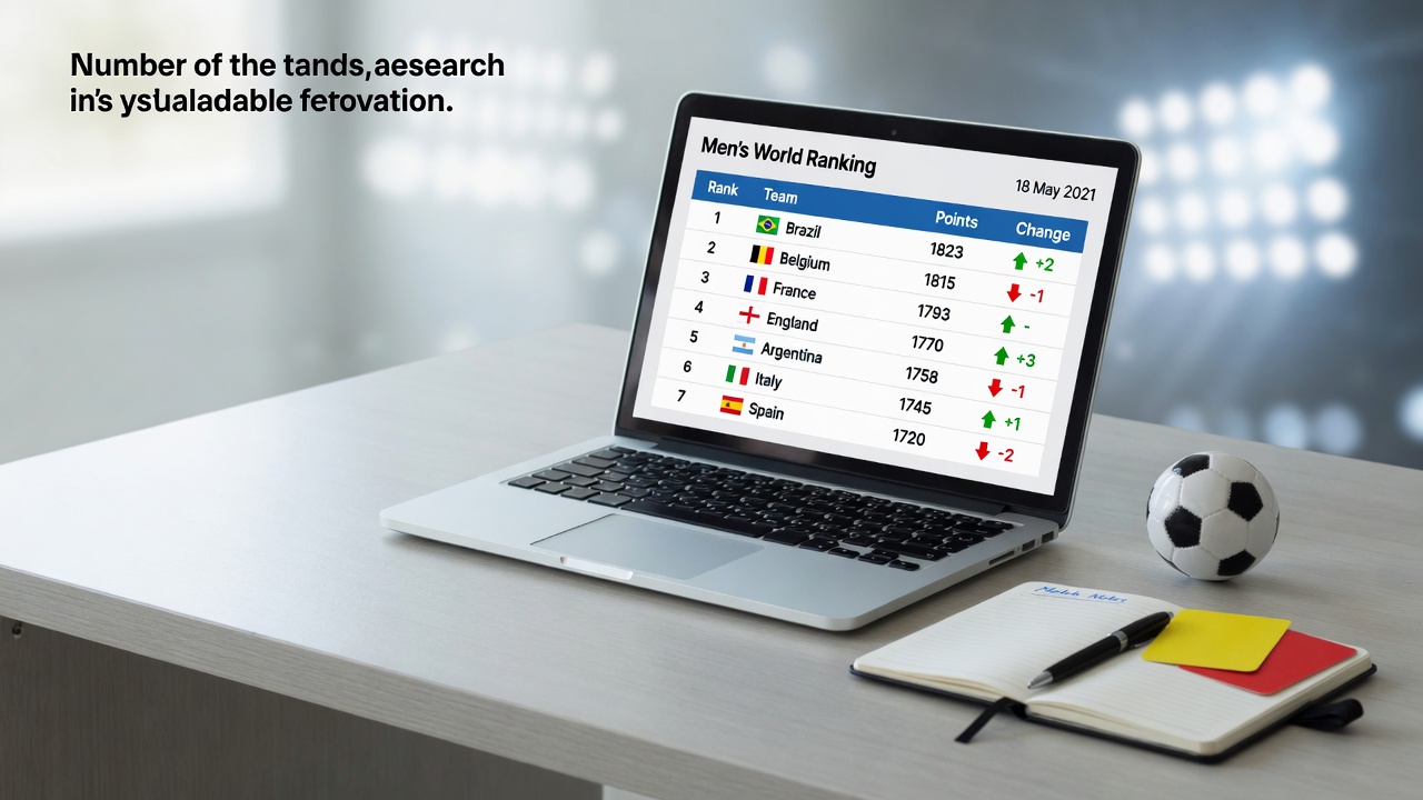 Editorial photo of a laptop showing a men’s football world ranking table dated 18