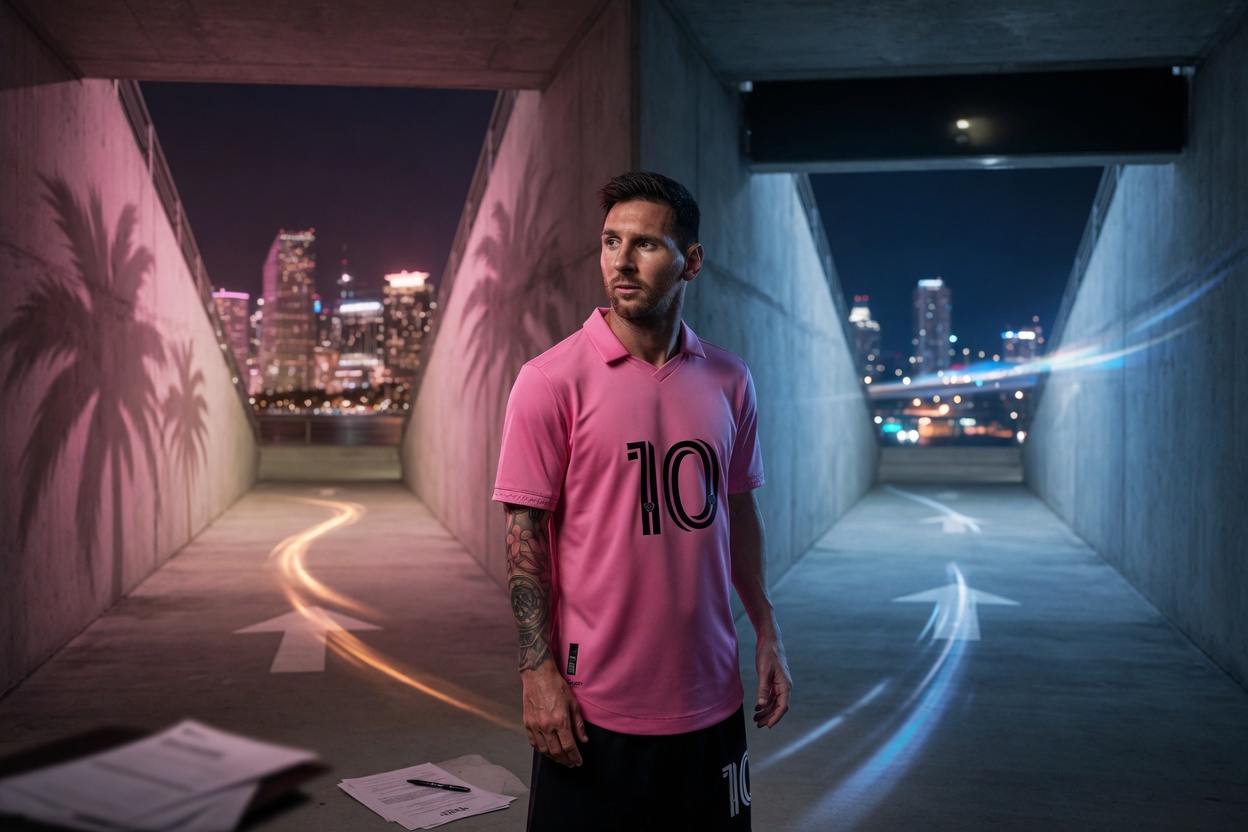 Messi stands in a Miami stadium tunnel, split between warm pink light and cool