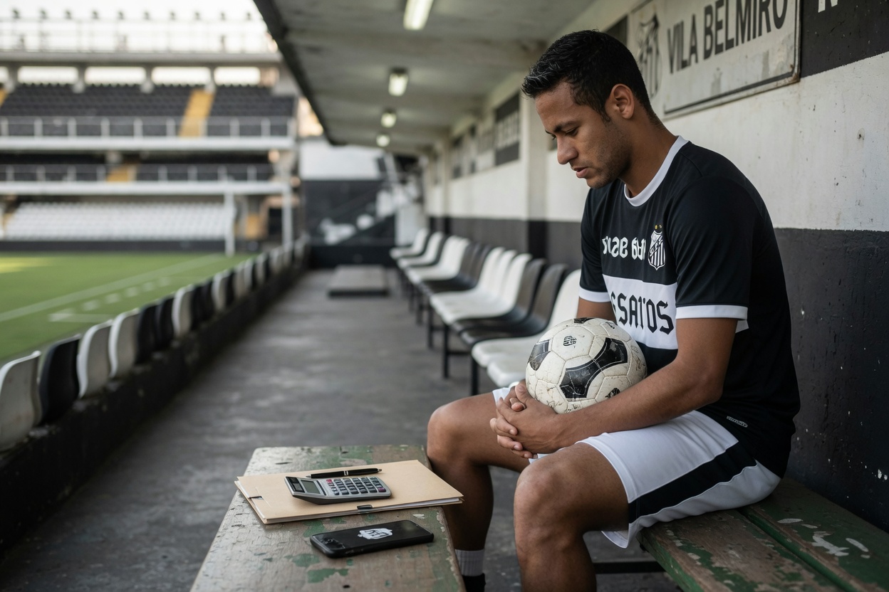 Neymar sits alone on a bench in Santos FC’s stadium tunnel in a plain