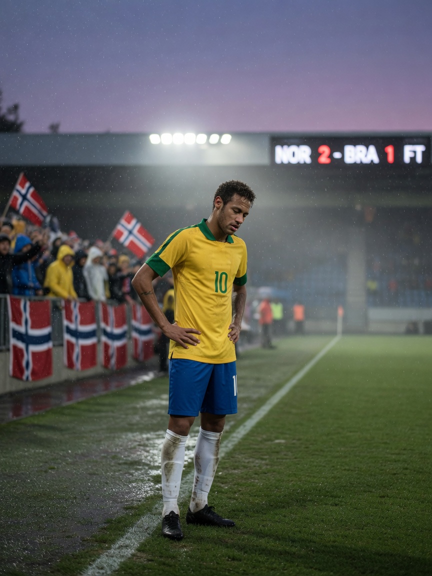 Neymar stands alone on a rain-damp football pitch under stadium lights, head bowed in
