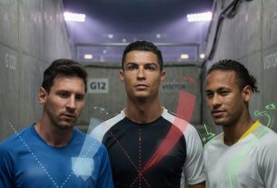 Moody photo of Messi, Ronaldo, and Neymar in a stadium tunnel at night, neutral