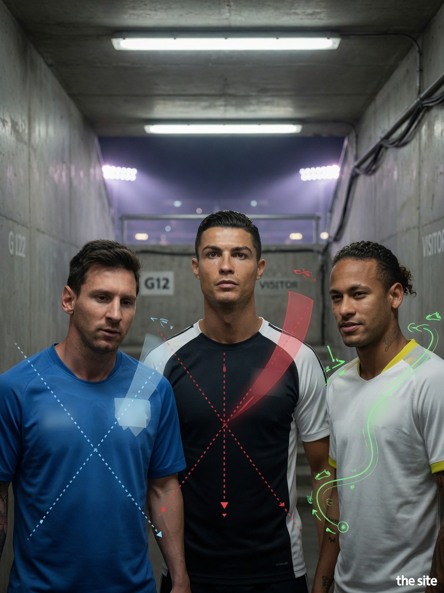 Moody photo of Messi, Ronaldo, and Neymar in a stadium tunnel at night, neutral