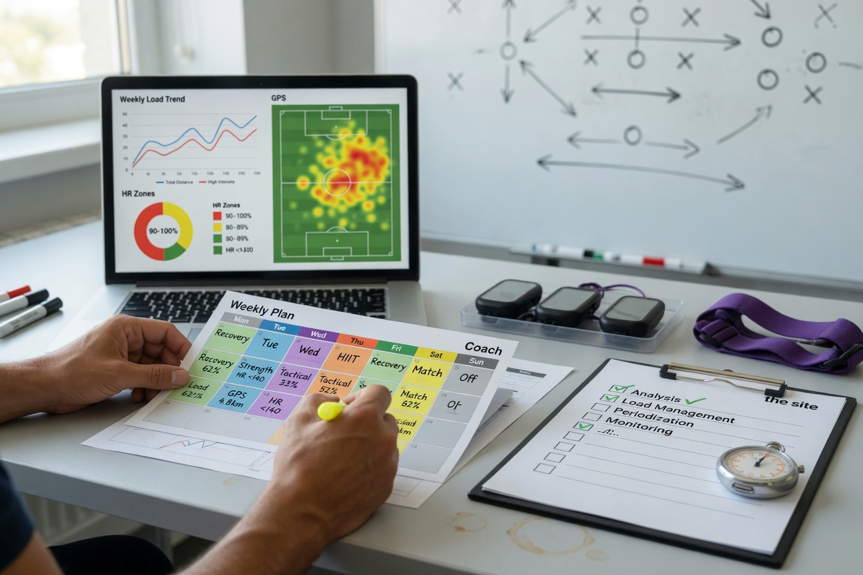 Coach’s hands organizing a soccer training plan on a desk with a laptop showing