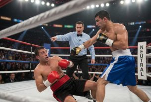 Referee starts a count as one boxer collapses from a knockout while the opponent