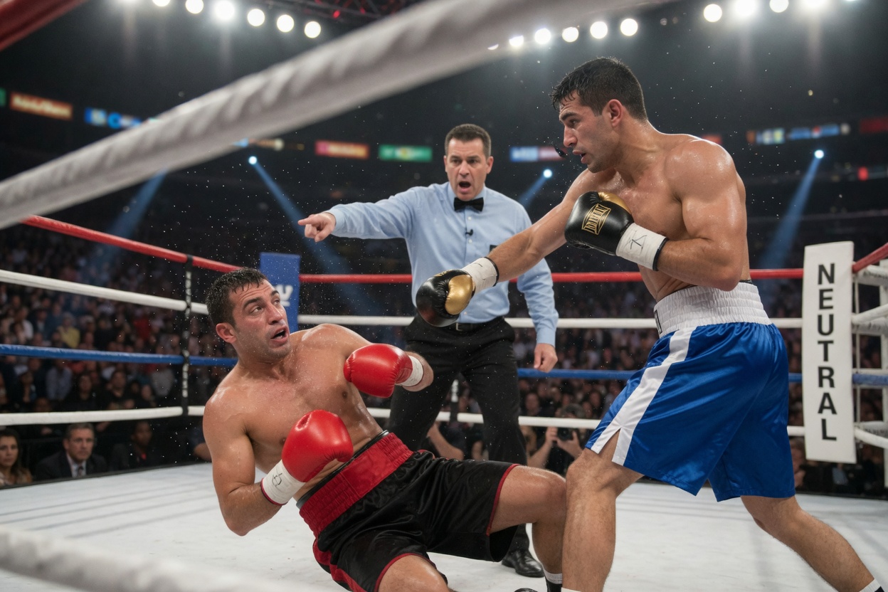 Referee starts a count as one boxer collapses from a knockout while the opponent