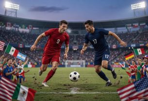 Zweikampf im vollbesetzten Stadion bei der Fußball-Weltmeisterschaft 2026, mit Flaggen vieler Nationen sowie USA,