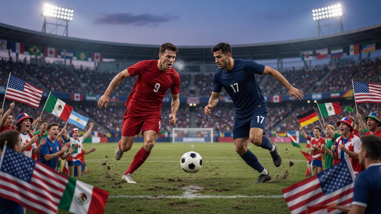 Zweikampf im vollbesetzten Stadion bei der Fußball-Weltmeisterschaft 2026, mit Flaggen vieler Nationen sowie USA,
