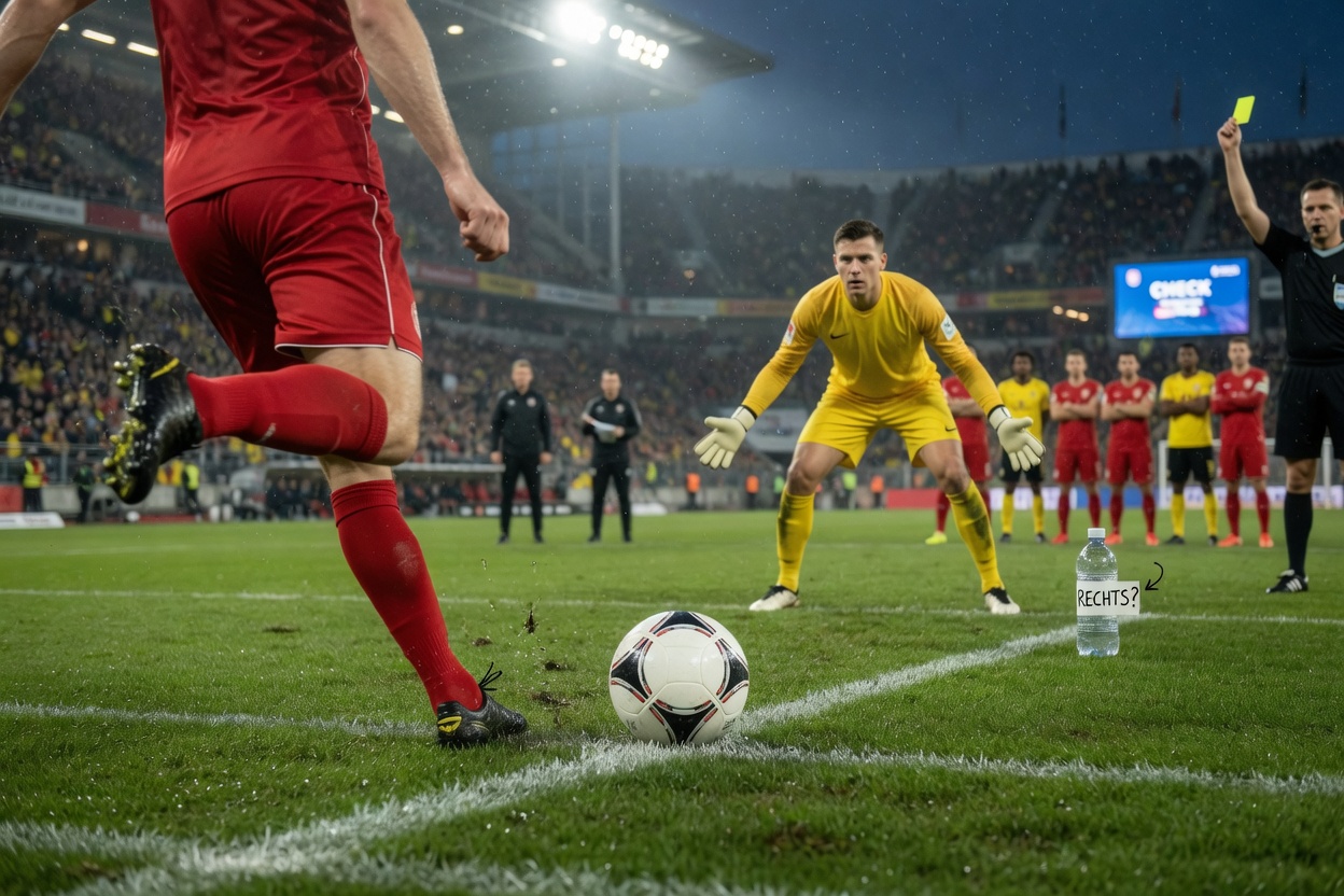 Low-angle photo of a Bundesliga penalty: ball on the spot, striker’s boot about to