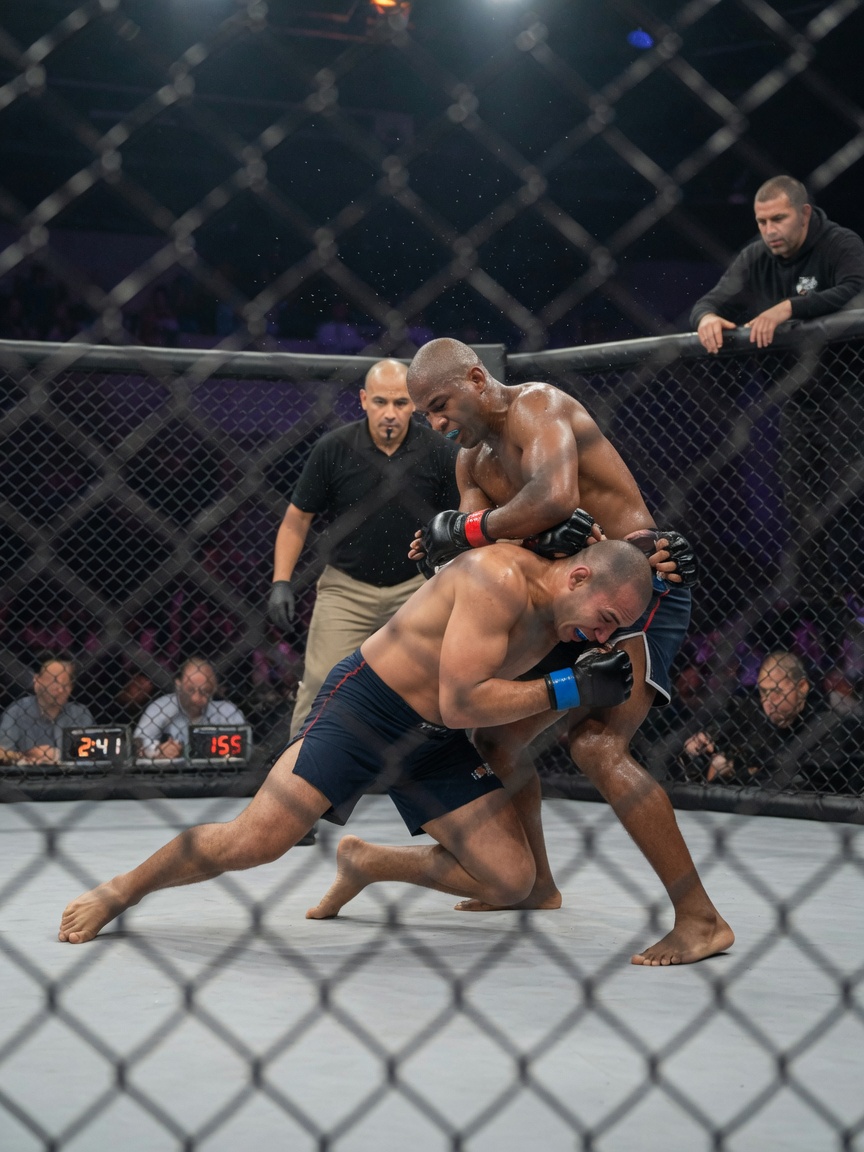 Fotografische Szene in einem neutralen MMA-Oktagon: zwei anonyme Profikämpfer, einer verteidigt per Sprawl gegen