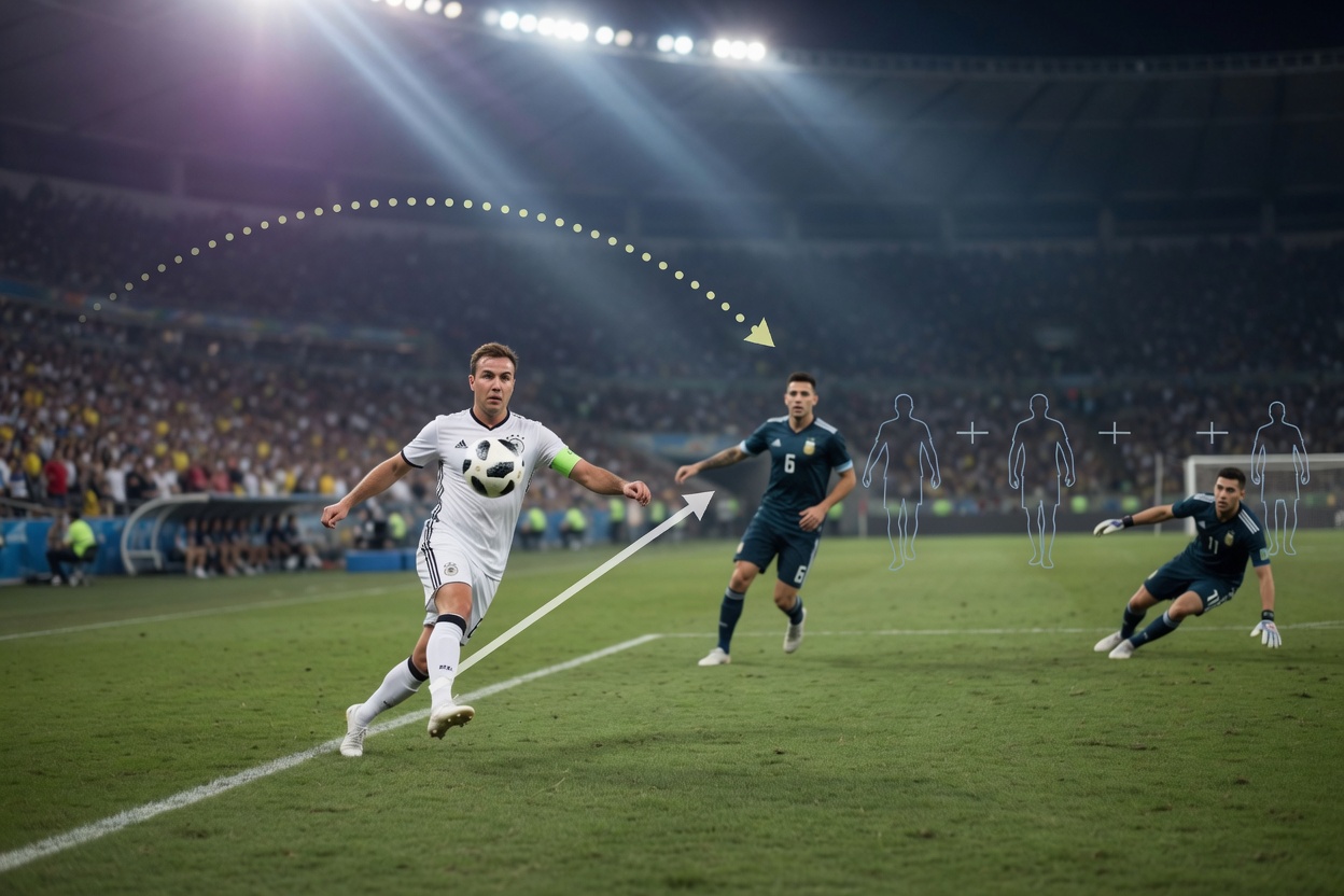 Low sideline sports photo at night of Mario Götze chesting the ball and beginning