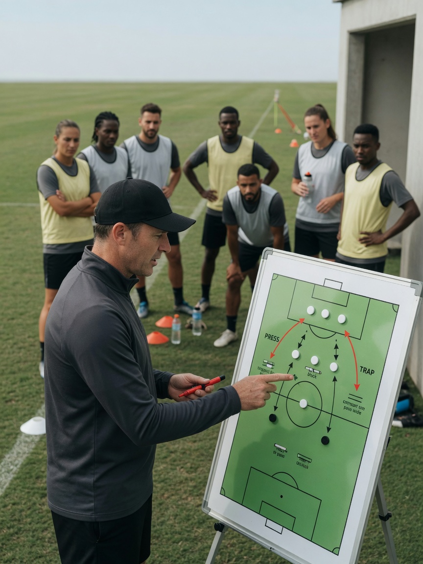 Trainer erklärt seinem Fußballteam am Taktikboard eine 4-3-3-Grundordnung mit Pressingfallen; Fokus auf Hand, Magneten