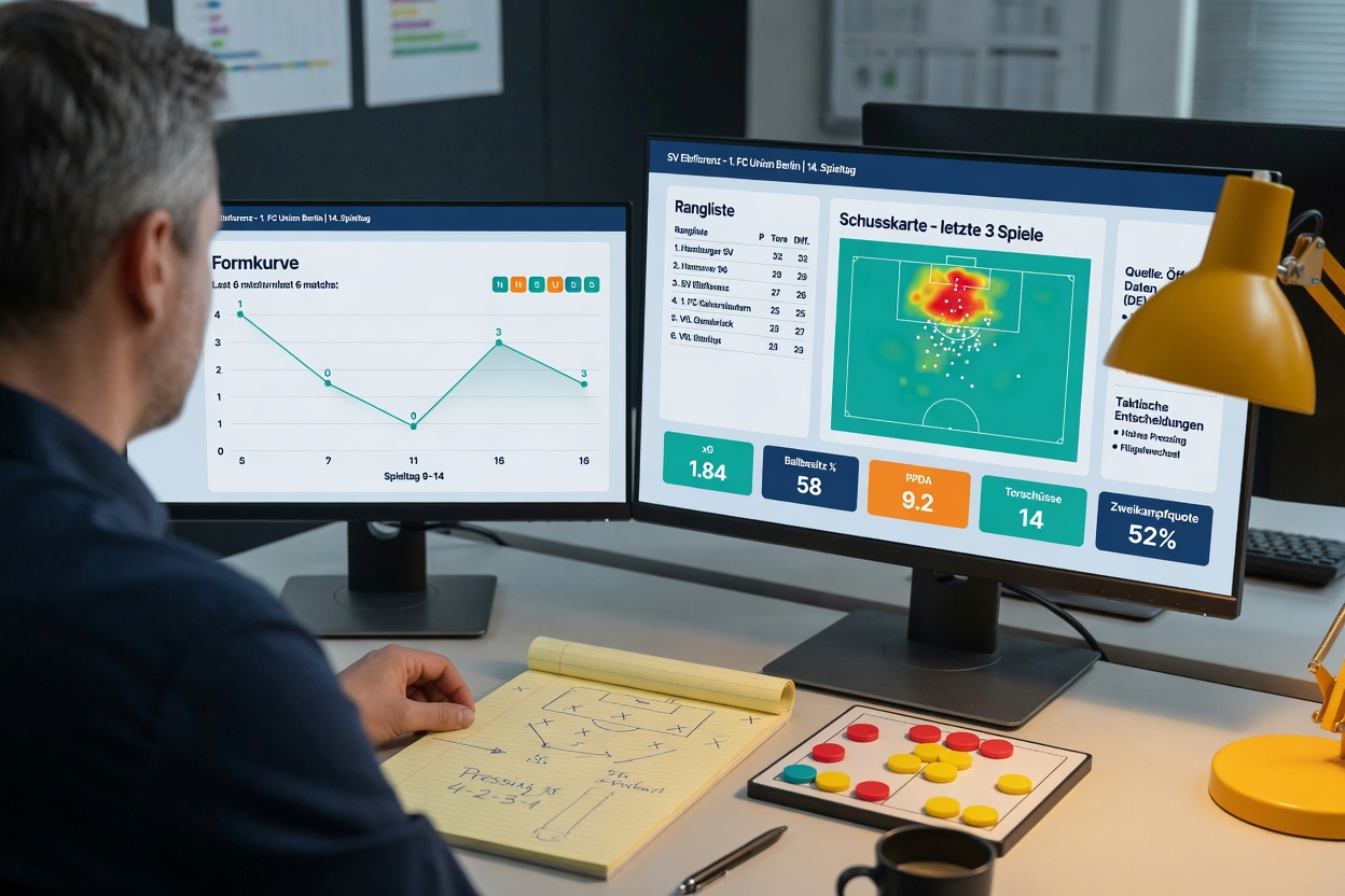 Over-the-shoulder photo of a sports analyst reviewing German-language dashboards with a form curve, rankings,