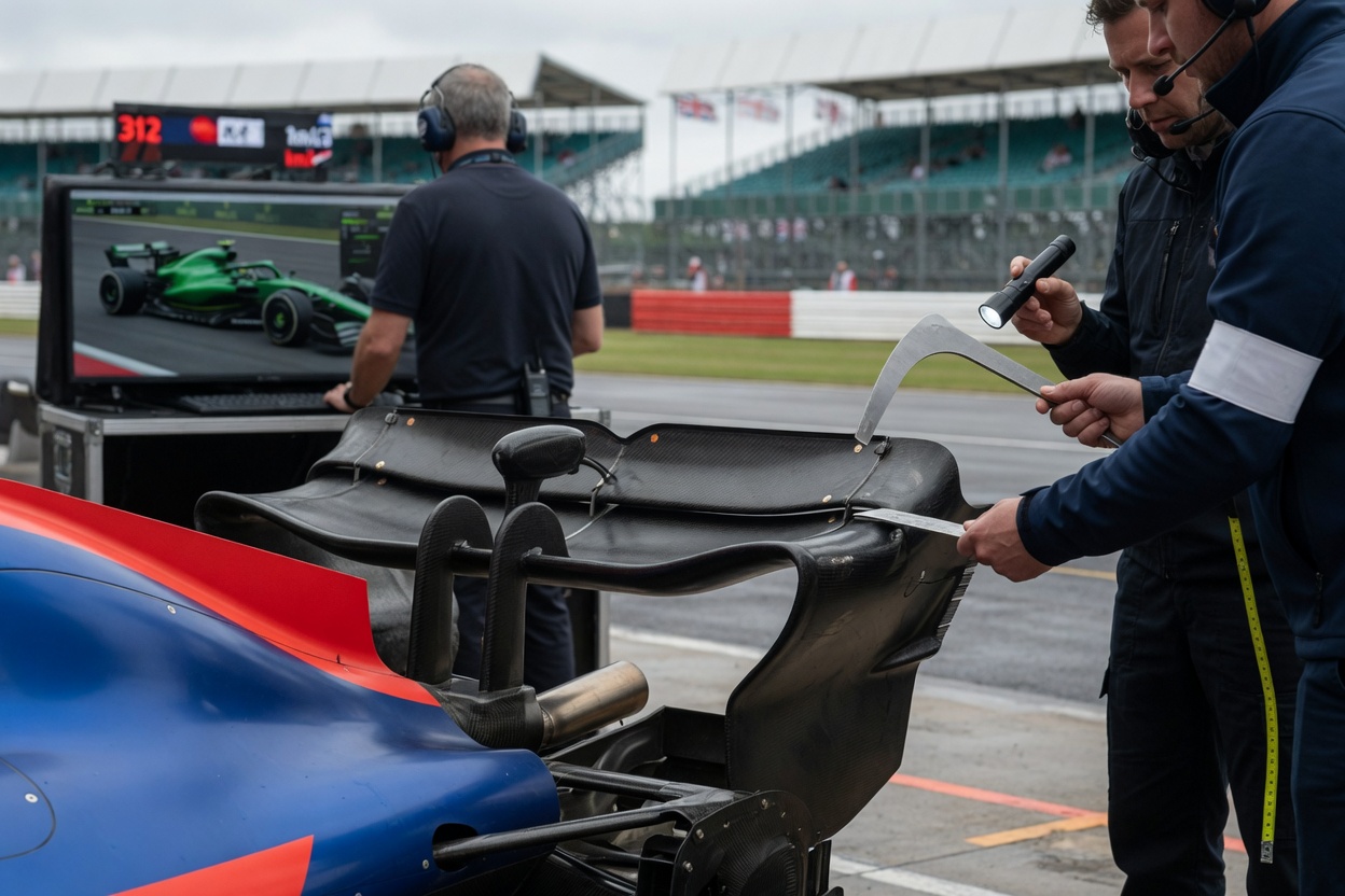 Alternative: Photographic flat-lay in an F1 garage work area. On a clean workbench, a